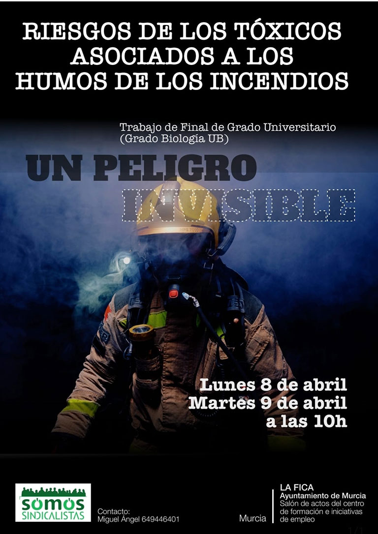 Cartel completo sobre un peligro invisible en el que podemos ver a un bombero | Prevención en el cuerpo de Bomberos | Bomberos | Afíliate | Somos Sindicalistas