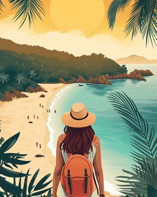 Dibujo de mujer con una mochila mirando una cala en la playa | Vacaciones | Sindicato de Trabajo | Derecho a Vacaciones
