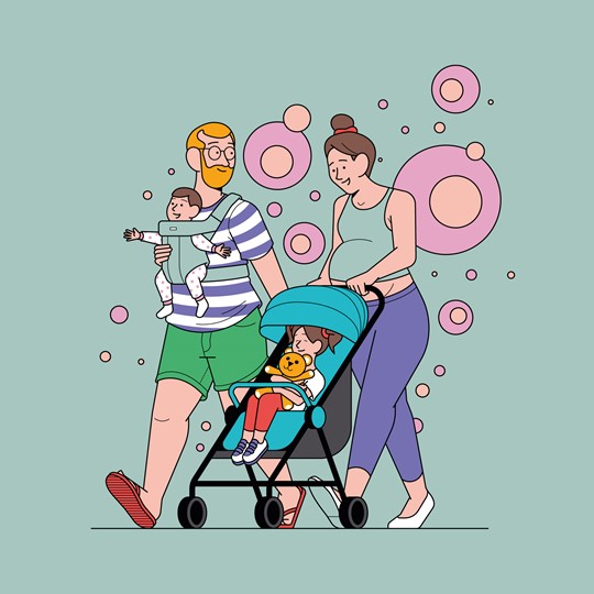 Dibujo de una familia paseando con 2 hijos Permiso Retribuido | Derecho Laboral | Somos Sindicalistas