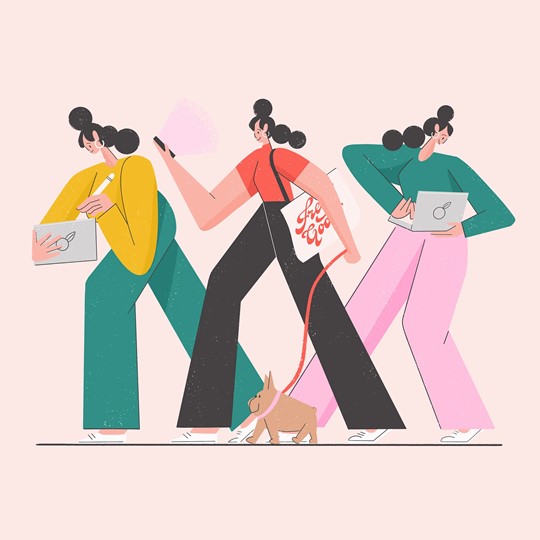 Dibujo de tres mujeres paseando un perro y mirando movil y ordenador portátil | Pueden Cambiar el Horario Sin Mi Consentimiento | Sindicato | Derechos laborales