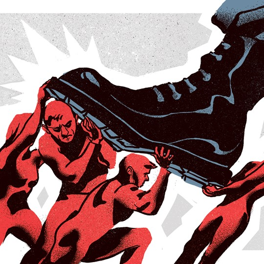 dibujo de bota negra intentando pisar hombres que hacen fuerza juntos | Afíliate a Somos Sindicalistas | Sindicato de Trabajo | Afiliación Sindical