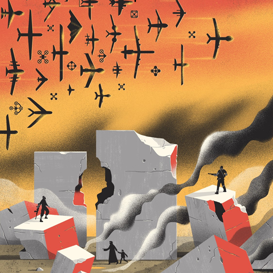 Dibujo de Aviones en formación destruyendo ciudad | Muertes en Gaza | Derechos Humanos | Genocidio en Gaza