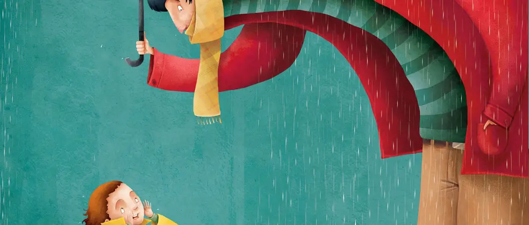 dibujo de padre e hija con paraguas Una mujer empuja un columpio donde se sienta una niña; el fondo es gris, pero a través del columpio se ve un paisaje soleado y colorido | Reducción de Jornada en España 2025 | Somos Sindicalista