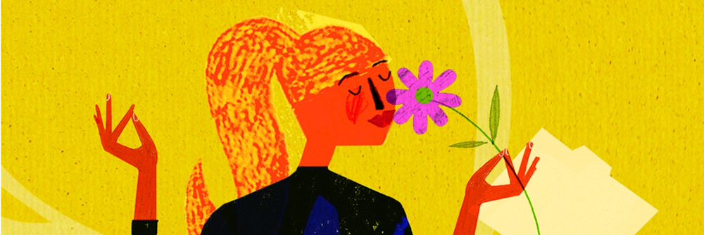 Ilustración de una mujer sentada en una silla, relajada, rodeada de papeles, sosteniendo una flor y en actitud de calma y reflexión | Permiso Retribuido en Festivo | Derecho Laboral | Afíliate