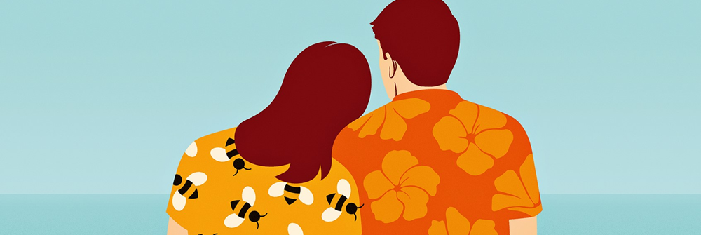 Dibujo de una pareja sentada de espaldas mirando el mar | Viajar Estando de Baja Laboral | Afíliate | Sindicato Laboral