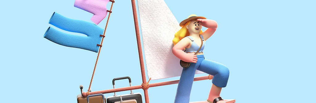 dibujo mujer en un barco lleno de maletas | Contrato Temporal de Verano | Afíliate | Sindicato Laboral