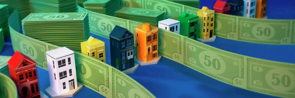 Imagen de edificios que entre ellos pasan filas de billetes | Vivienda Digna | Alquileres Asequibles | Somos Sindicalistas